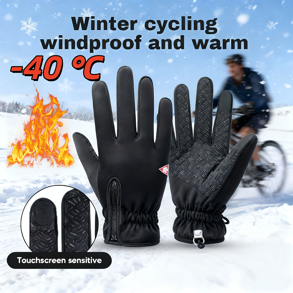 Zipper Winter Gloves for Men and Women, Thermal-Lined Touchscreen Gloves in Black Polyamide Knit for Cold-Weather Outdoor Activewear, M–XL