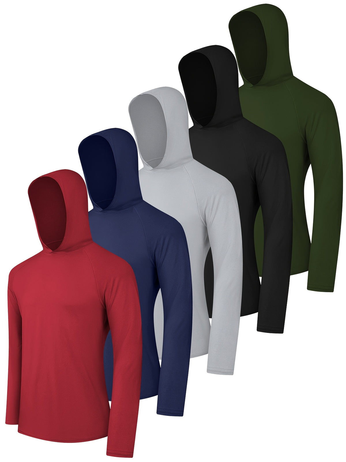 Lightweight Hooded Shirts for Men, 5-Piece Long Sleeve Athletic Top Set in Three Mixed-Color Options for Outdoor and Casual Wear, Sizes S to XXL
