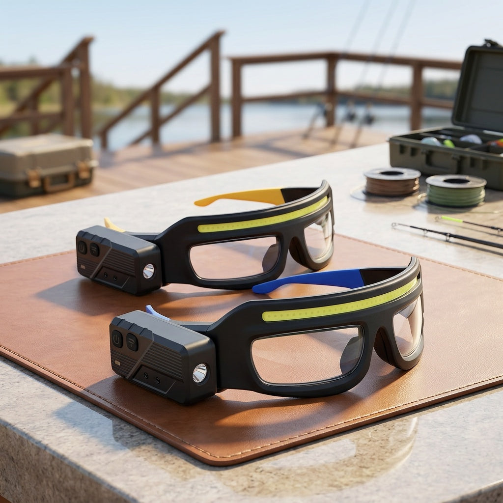 Glasses-Style LED Headlamp with Rotatable Beam, Adjustable Brightness and Independent Controls, Blue Hands-Free Light for Night Fishing and Craft Tasks