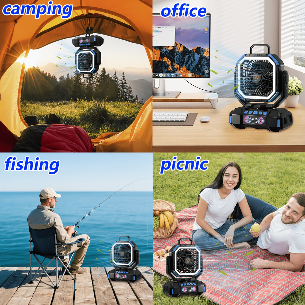 40000mAh Rechargeable Camping Fan with Remote Control, 4 Speeds, Adjustable LED Lights, Timer and Tent Hook for Standing or Hanging Outdoor Use