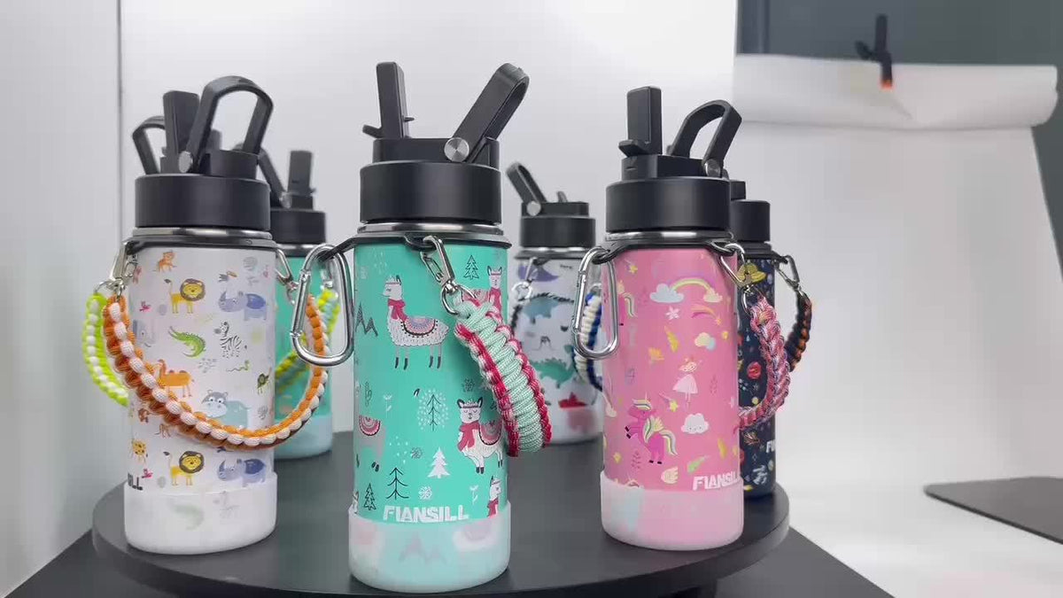16oz Student Insulated Water Bottle, Stainless Steel Vacuum Flask with One-Hand Lid, Carry Strap and Seven Designs for School and Outdoor Trips