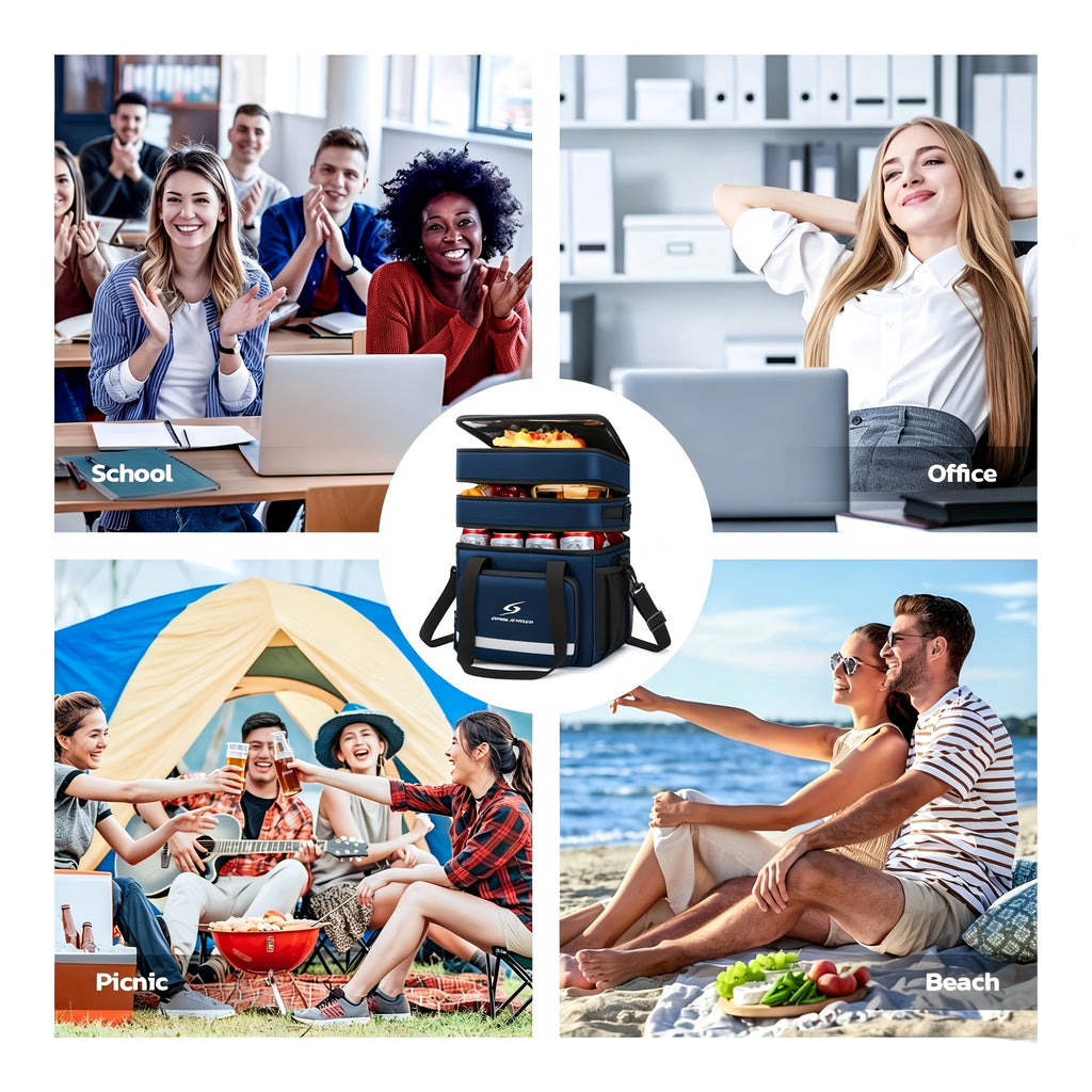 Triple-Compartment Insulated Lunch Bag, 19L Leakproof Cooler Tote with Detachable Shoulder Strap for Men and Women, Work Meals, Travel and Picnics