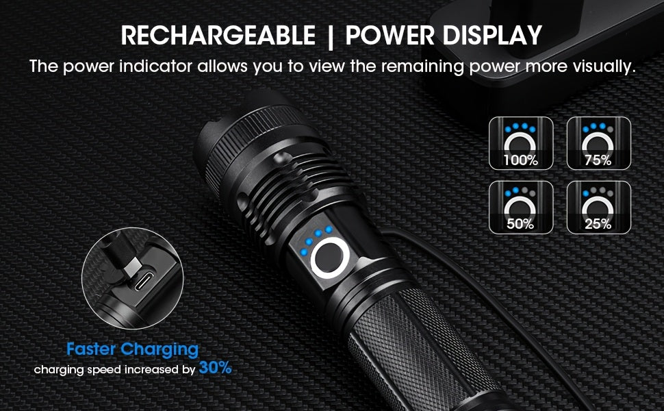 6000mAh Rechargeable LED Flashlight with Type-C Charging, Aluminum Alloy Tactical Work Light with Adjustable Spotlight and Floodlight Focus for Outdoor Tasks