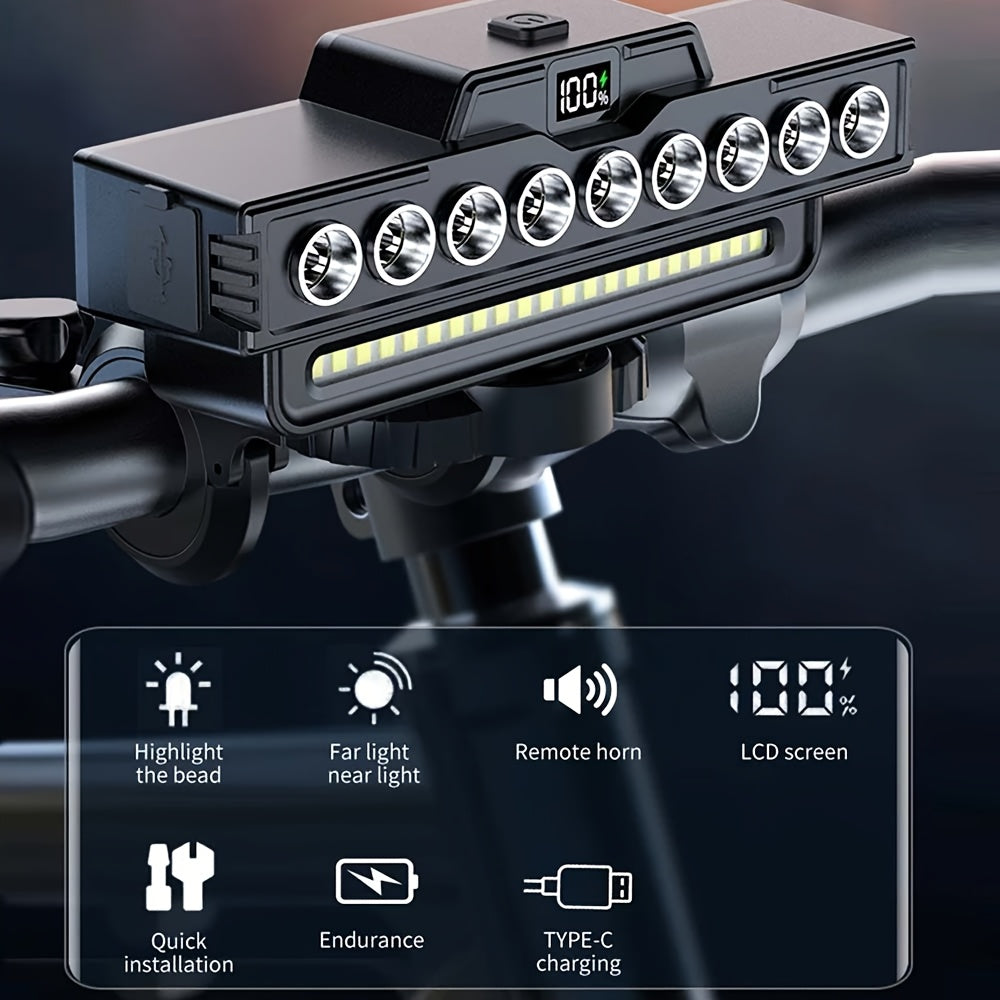 Bicycle Front Light with Digital Display, 9 LEDs and 7 Lighting Modes, USB Rechargeable 4000mAh Headlight with Set Option for Night Riding