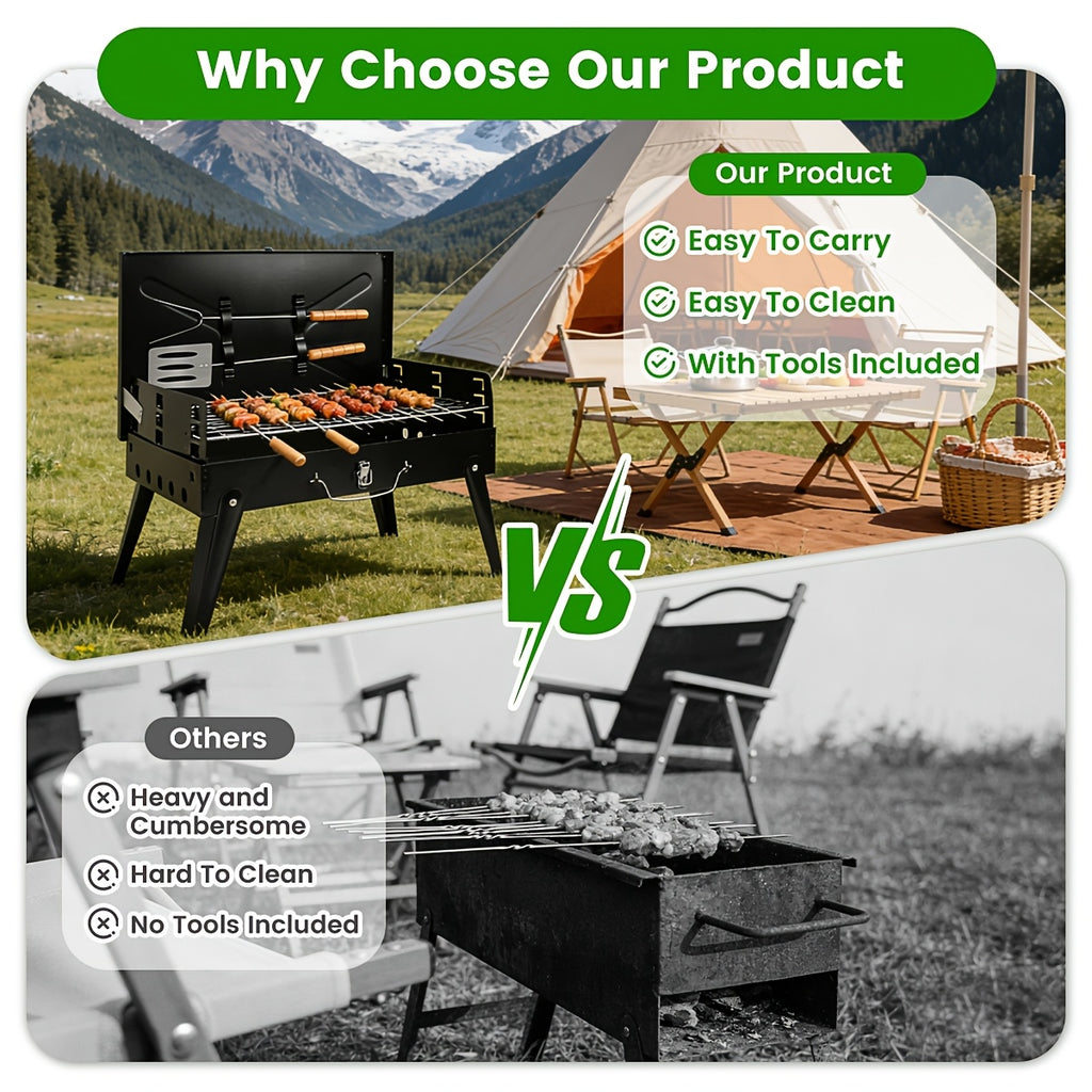 Compact Charcoal BBQ Grill in Black, Folding Portable Outdoor Cooker for Camping, Tailgating, Beach Cookouts and Backyard Gatherings