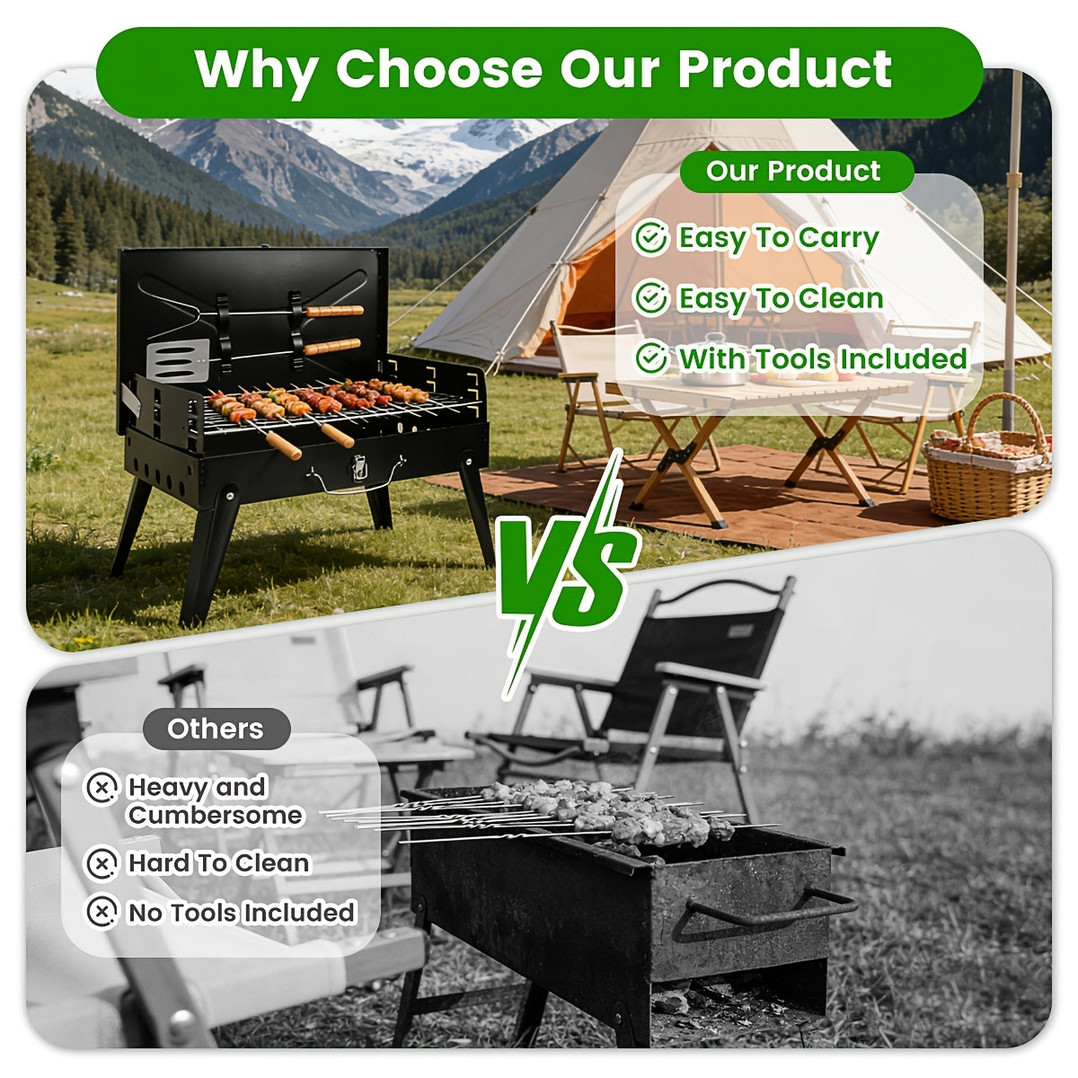 Compact Charcoal BBQ Grill in Black, Folding Portable Outdoor Cooker for Camping, Tailgating, Beach Cookouts and Backyard Gatherings