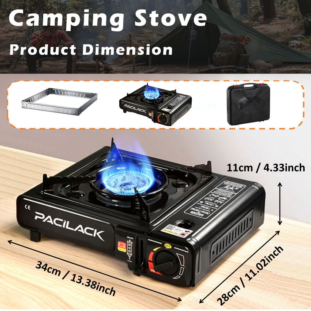 Butane Camping Stove with Windscreen and Carrying Case, Portable Outdoor Cooking Equipment for Campsite Meals and Tailgating in Black or Red