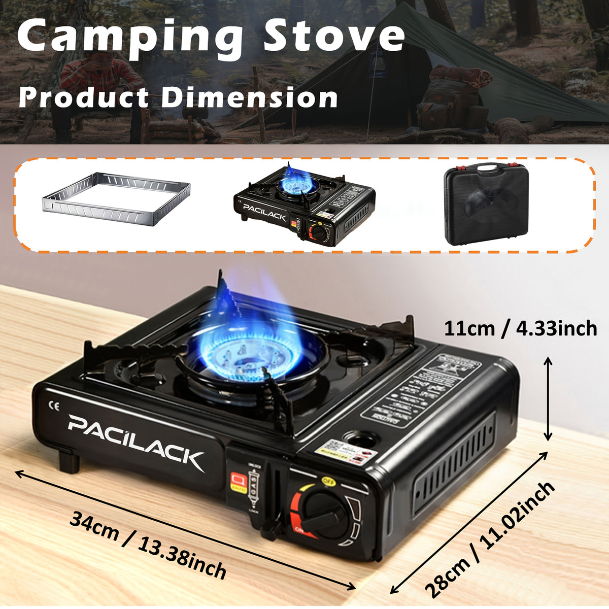 Butane Camping Stove with Windscreen and Carrying Case, Portable Outdoor Cooking Equipment for Campsite Meals and Tailgating in Black or Red