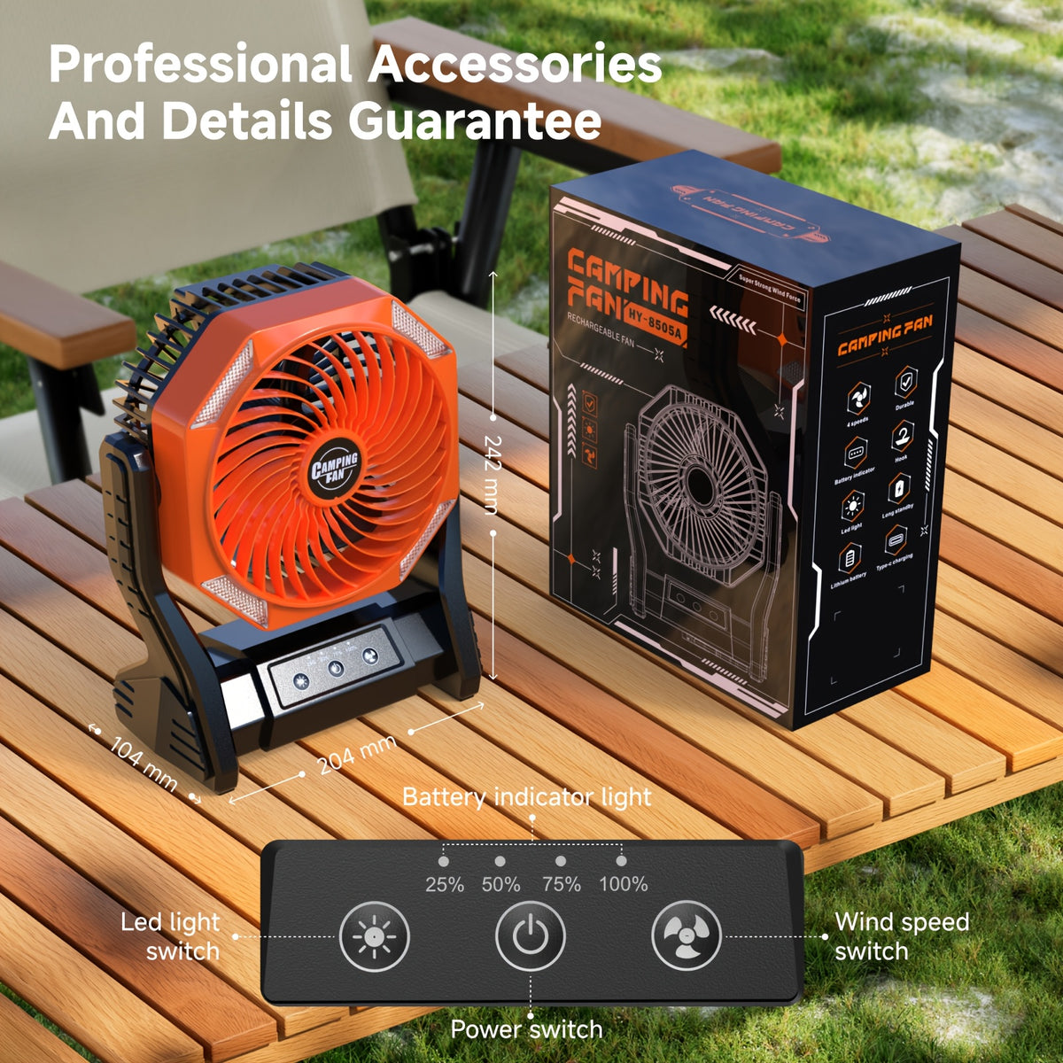 Portable Outdoor Desk Fan with LED Light, Camping Cooling Gear with Orange, Green, Black, Gray and Pink Color and Model Options