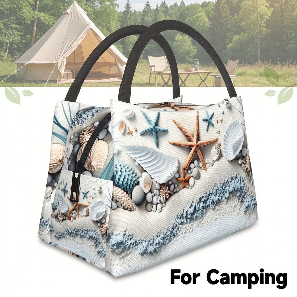Shell Design Insulated Lunch Bag, Reusable Polyester Cooler Tote, 11 x 6.5 x 7 Inches for Beach Days, Camping, Picnics and Outdoor Meals