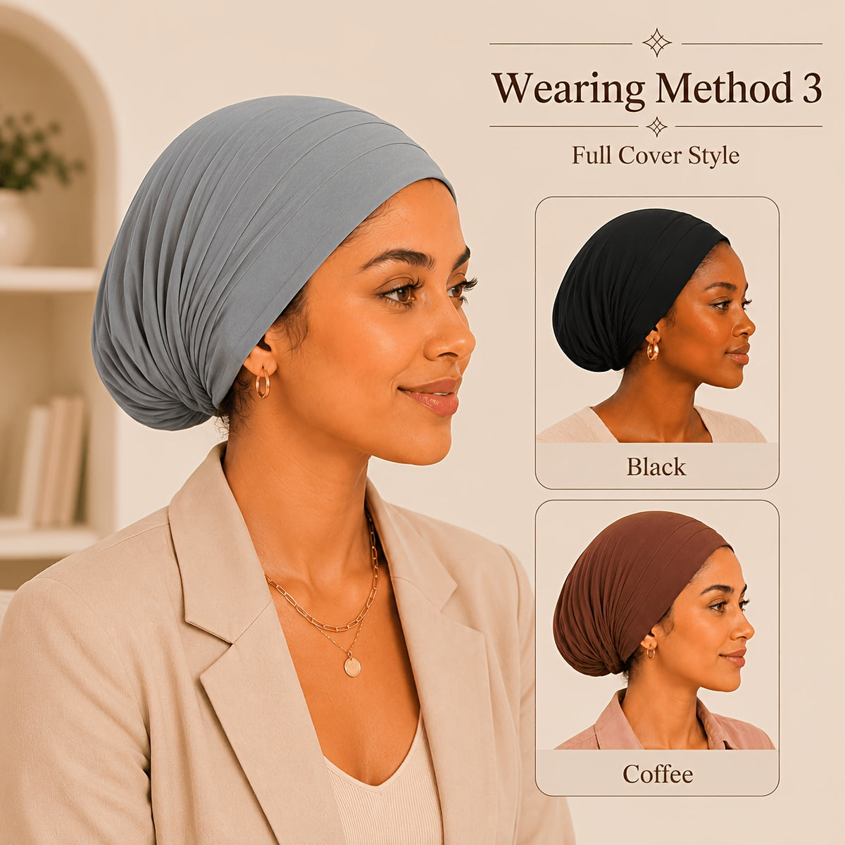 Hijab Undercaps 3-Pack for Women, Breathable Non-Slip Solid Color Muslim Headwear for Everyday Headscarf Layering and Travel Outfit Coordination