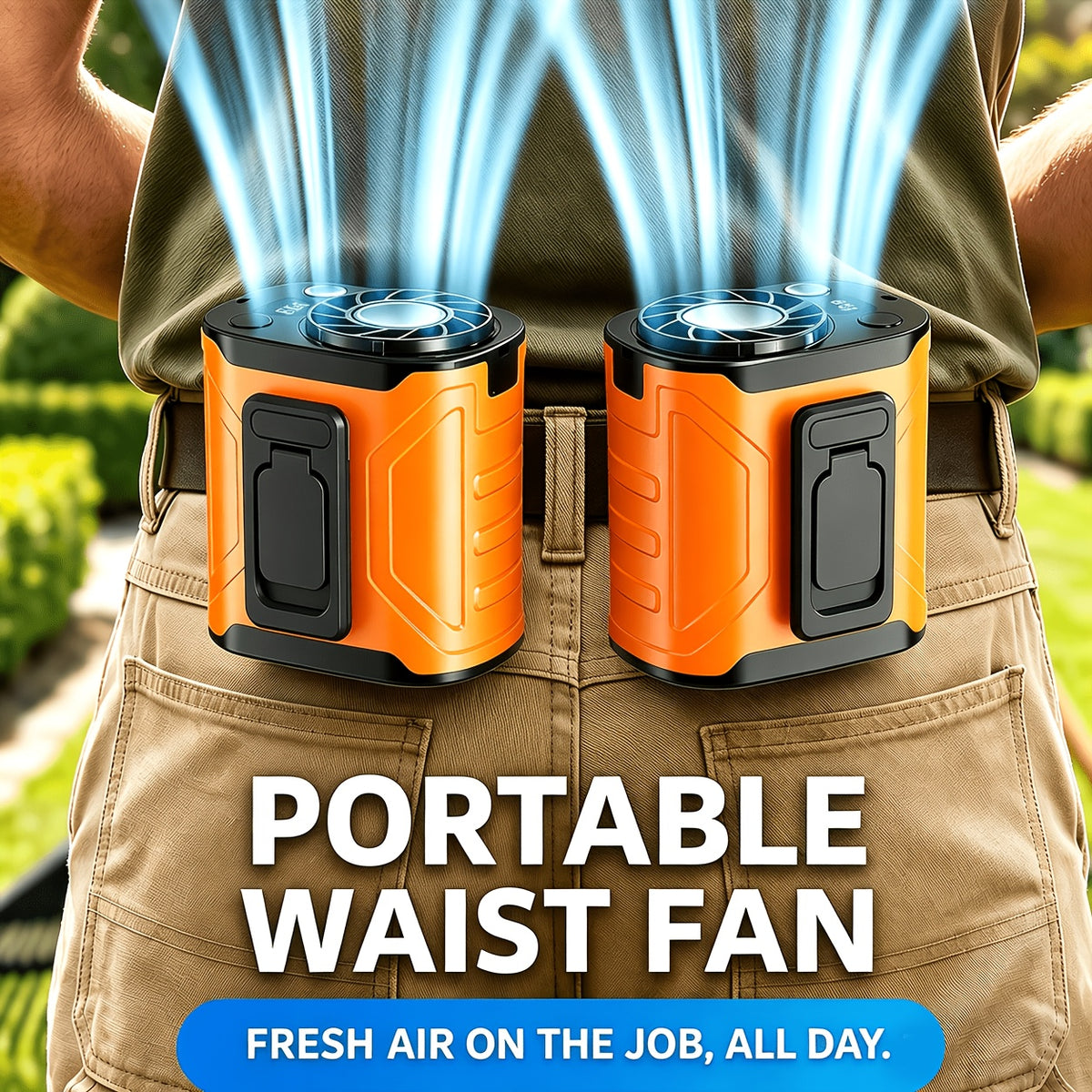 5000mAh Portable Waist Fan with 199 Speed Settings, Listed 18000 RPM Brushless Motor and LED Power Display in Orange, Green or Black, 1 or 2 Pieces
