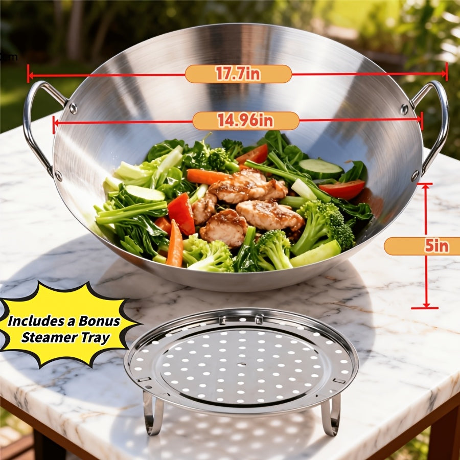 Stainless Steel Stir Fry Wok with Double Handles, Heavy-Duty Cooking Pan for Sautéing, Boiling and Braising at Home or Camping