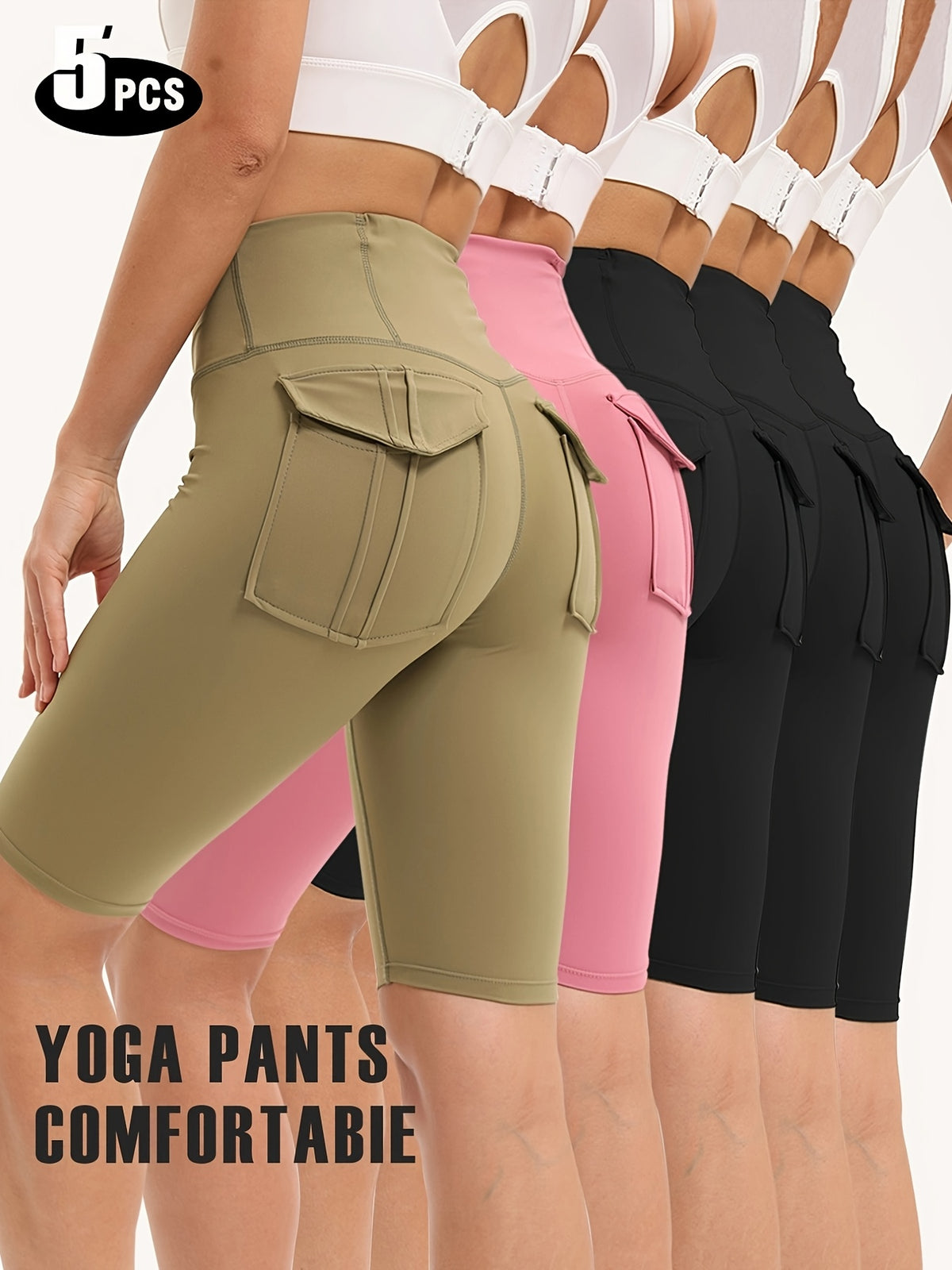 Nylon Spandex Biker Shorts 5-Pack for Women, High-Waist Stretch Workout Shorts with Two Back Pockets for Yoga, Running and Casual Wear