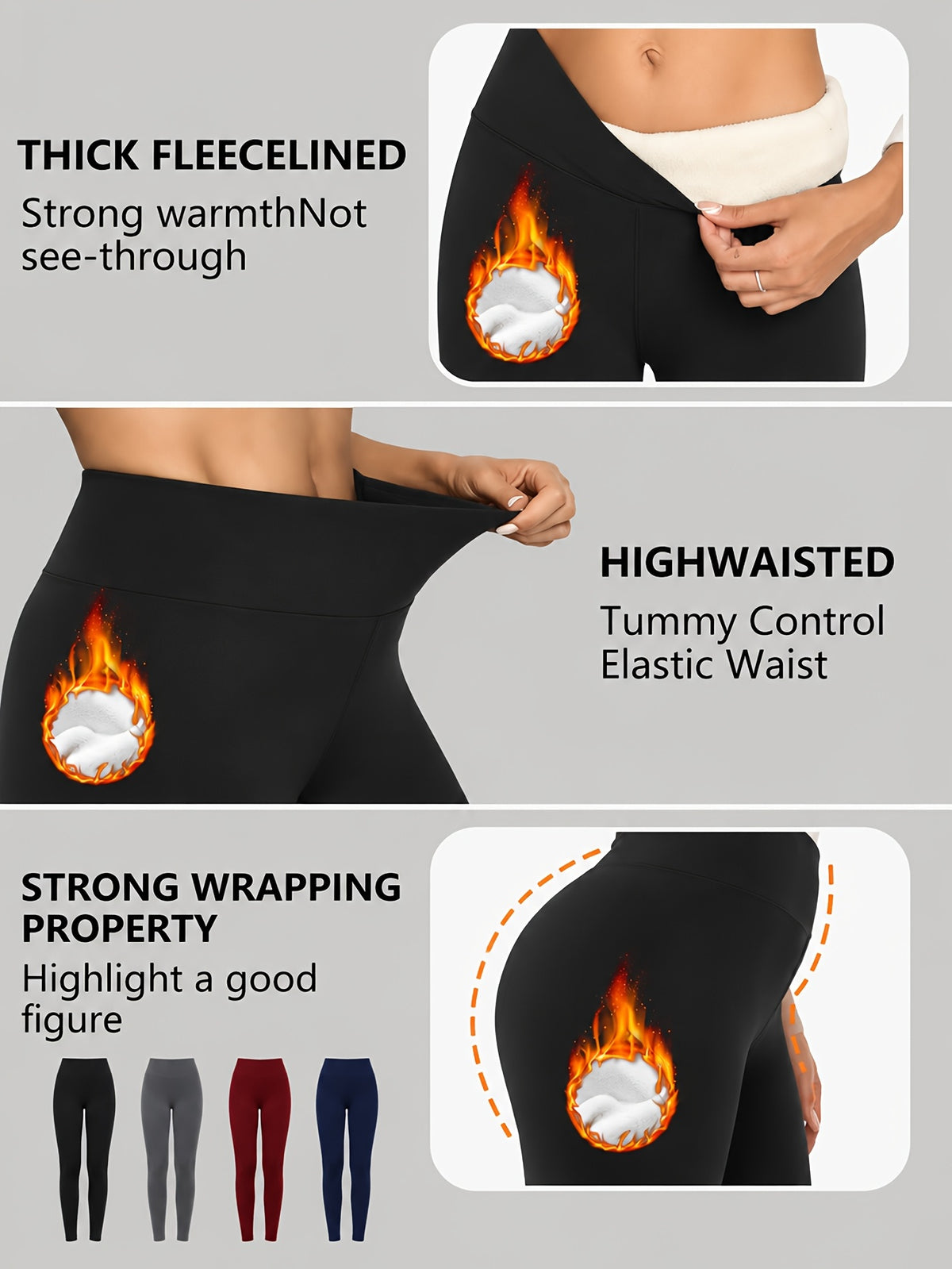 4-Pack Women's Winter Yoga Leggings with High Waist and 380 g/m² Knit, Warm Workout Base Layers in Black, Navy, Gray and Wine Red