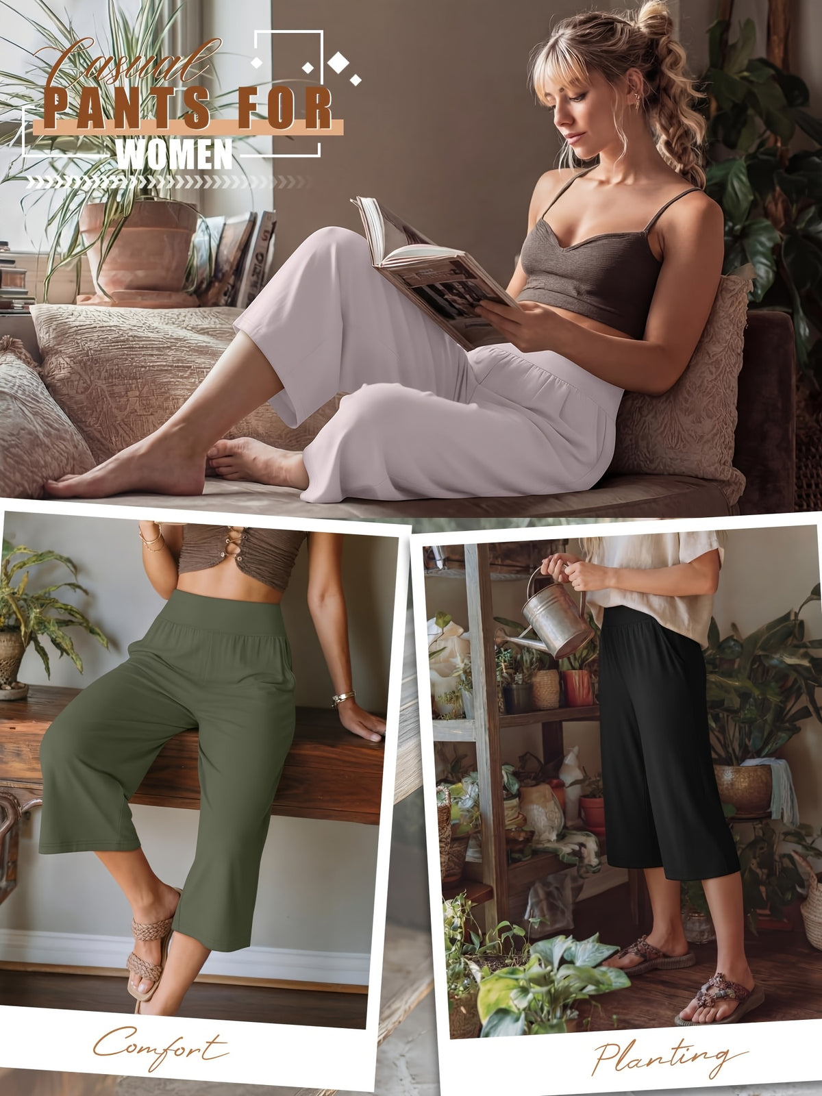 Women's Loose Capri Jogger Pants with Pockets, 3-Pack
