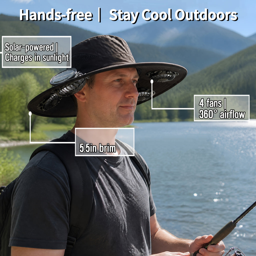 4-Fan Solar Powered Sun Hat with Wide Brim, USB Charging and 3 Adjustable Speeds for Fishing, Hiking and Summer Outdoor Activities