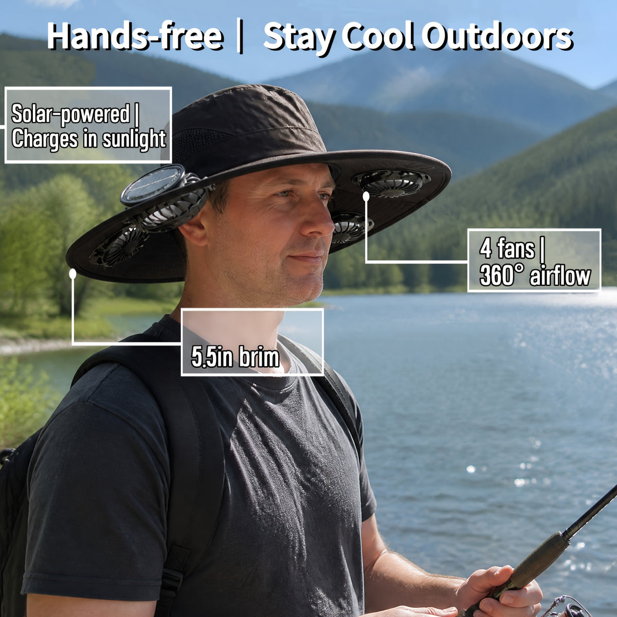 4-Fan Solar Powered Sun Hat with Wide Brim, USB Charging and 3 Adjustable Speeds for Fishing, Hiking and Summer Outdoor Activities