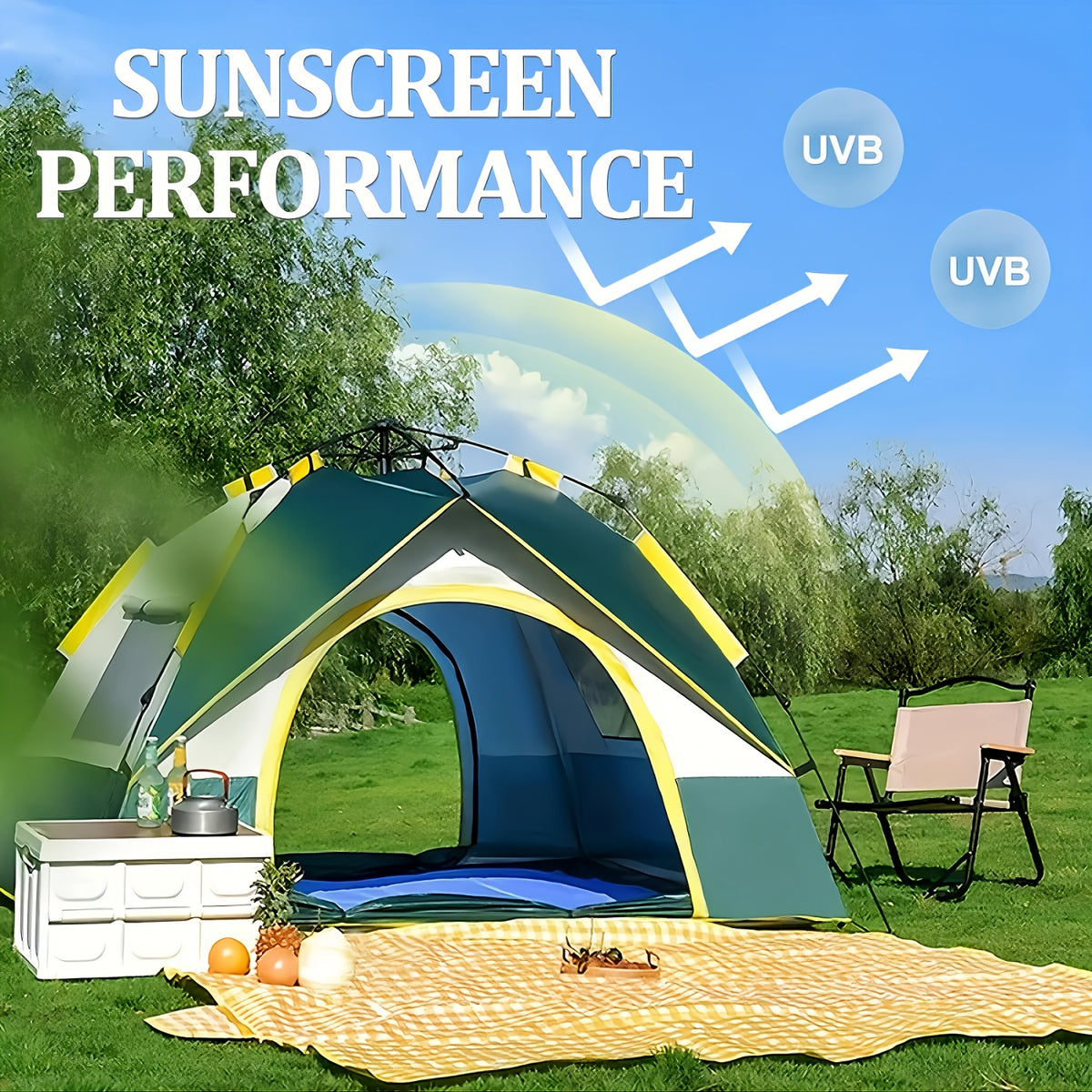 4-Person Pop-Up Camping Tent with Insect Net and Zipper Closure, Automatic Outdoor Sunshade Shelter in White and Green Color Options