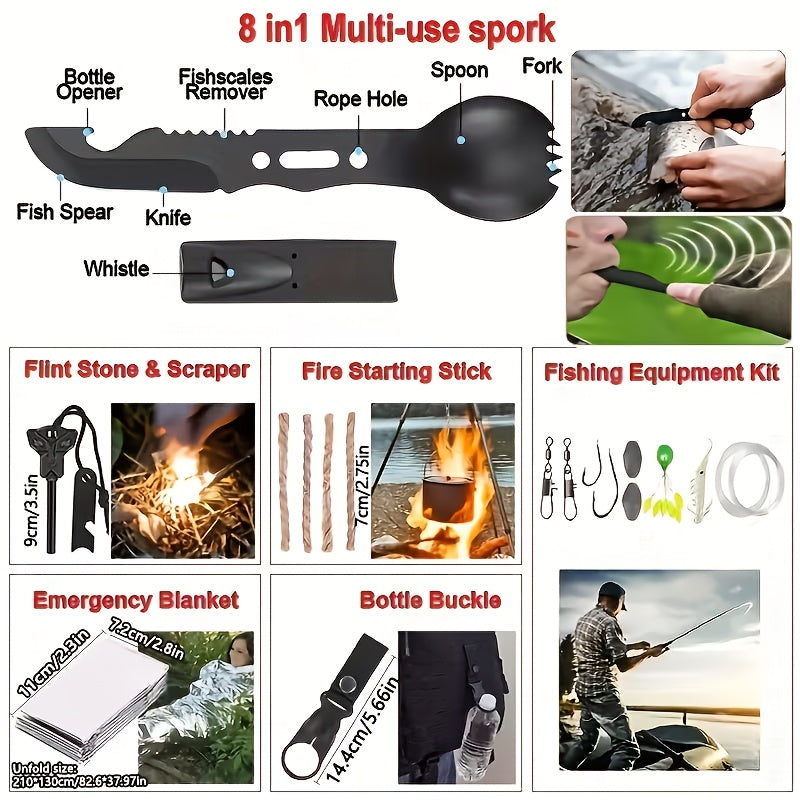 Outdoor Survival Gear Kit with Fire Starter, Compass and Multi-Tools for Camping, 13-in-1 or 258-in-1 Labeled Options and Gift Ideas