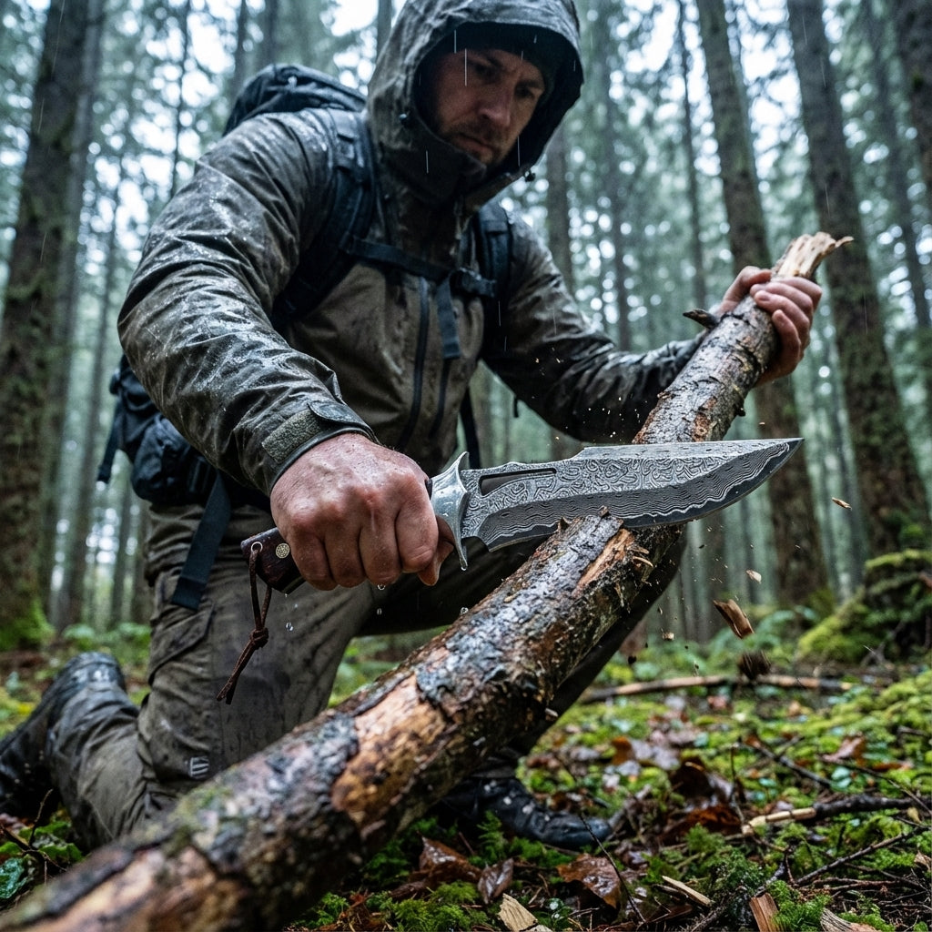 Full-Tang Damascus Hunting Knife with Leather Sheath, Hand-Forged Patterned Steel Blade and Premium Handle for Outdoor Field Tasks and Collectors