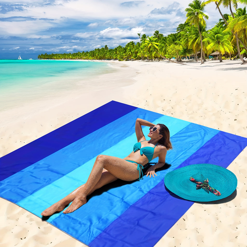 Sandproof Beach Blanket 79 x 83 Inches for 1-4 Adults, Blue Lightweight Quick-Drying Nylon Picnic Mat for Travel, Camping and Hiking