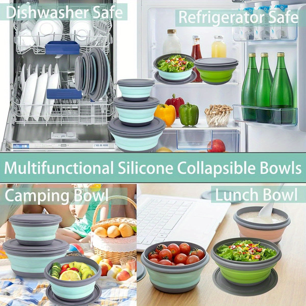 Foldable Camping Bowls with Lids, 3-Piece Silicone Food Container Set with Folding Utensils and Storage Bag for Picnic Salads and Packed Lunches
