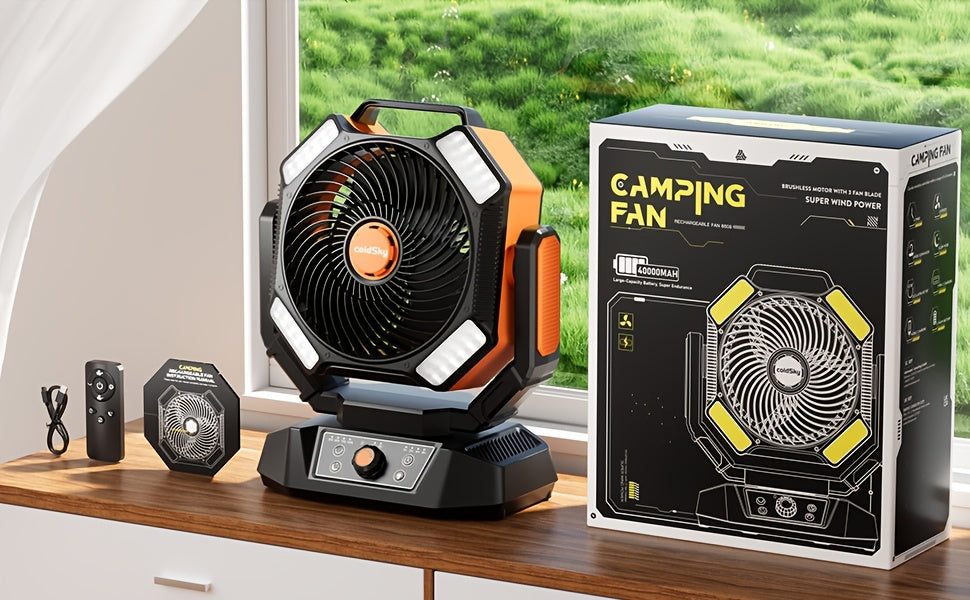 40000mAh Camping Fan with Remote Control and 4-Mode LED Light, USB Rechargeable Portable Desktop Fan for Tents and Power Outages, No Adapter