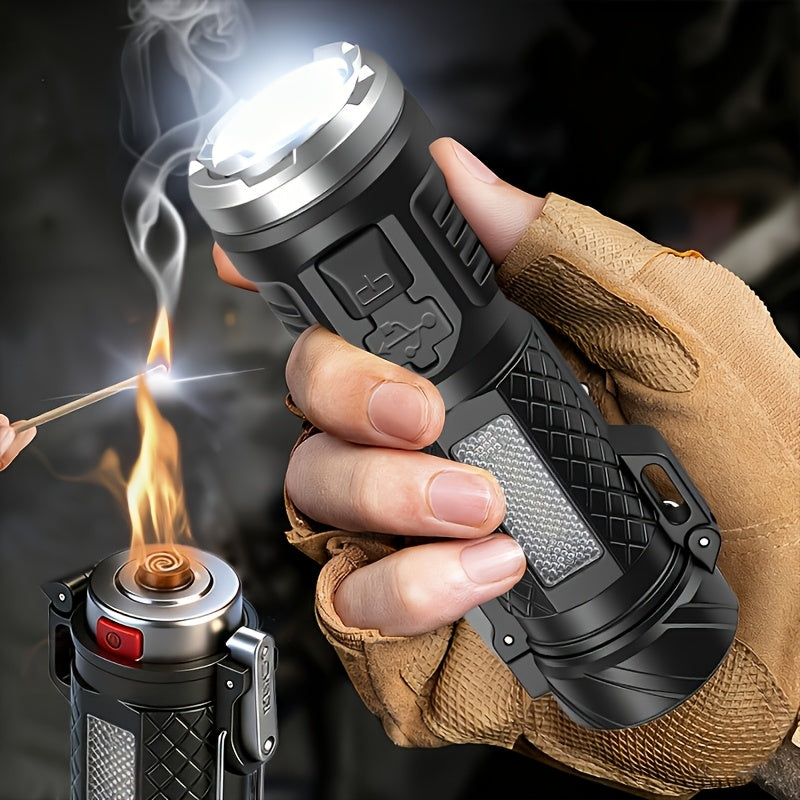 2-Piece Survival Kit with USB Rechargeable Flashlight and Folding Pocket Knife, Clip-On Outdoor Tools with Optional Fire-Starting Version