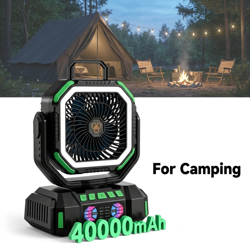 40000mAh Rechargeable Camping Fan with Remote Control, 4 Speeds, Adjustable LED Lights, Timer and Tent Hook for Standing or Hanging Outdoor Use