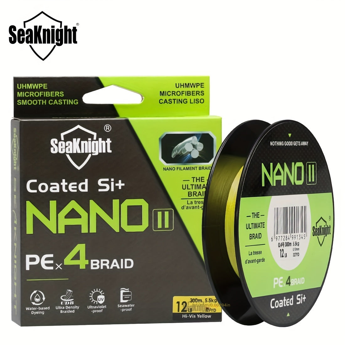 Braided Fishing Line by SeaKnight Nano II, 4-Strand PE Line in 110 or 327 Yard Options, 7–15 lb Listed Tests and Green or Yellow Colors