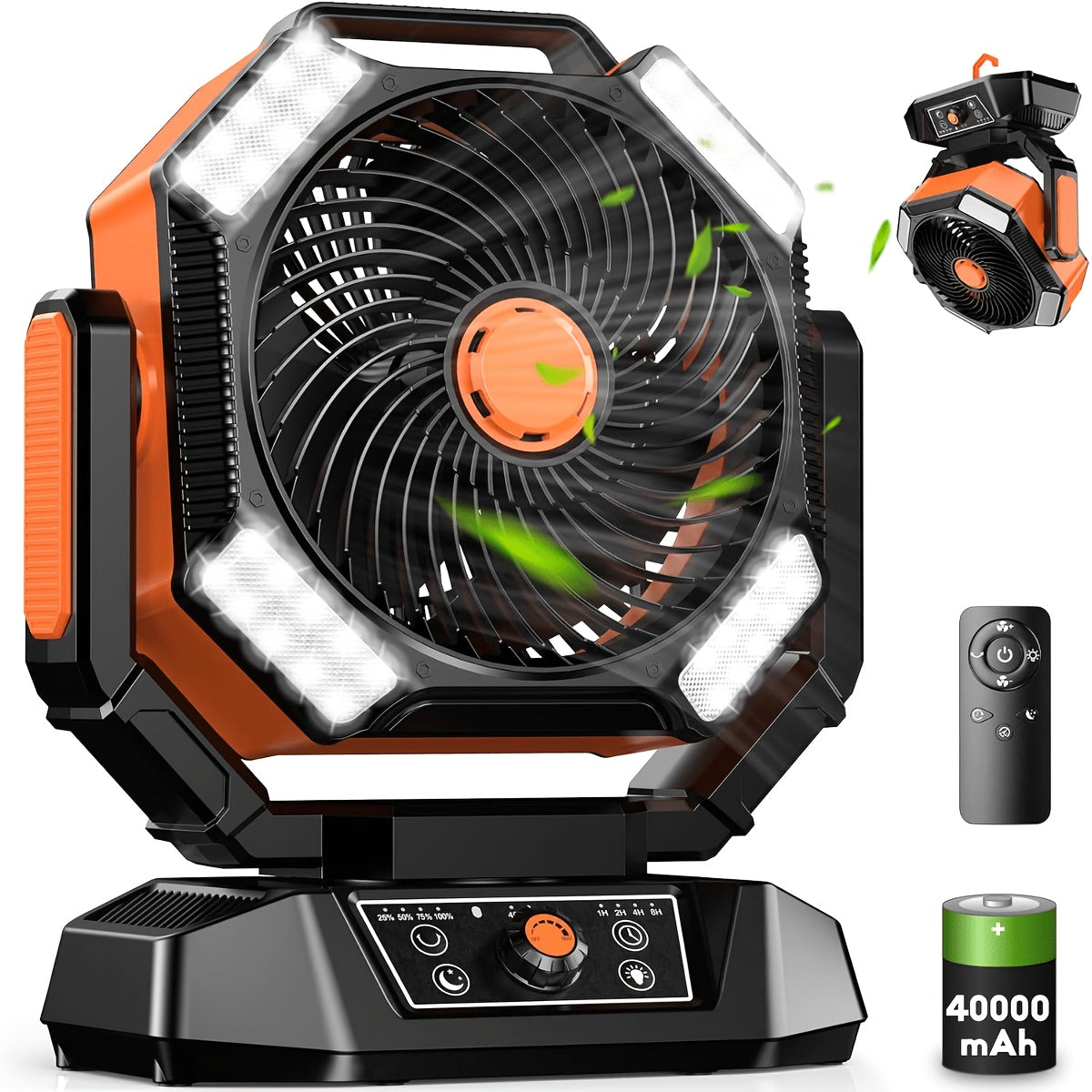 40000mAh Camping Fan with Remote Control and 4-Mode LED Light, USB Rechargeable Portable Desktop Fan for Tents and Power Outages, No Adapter