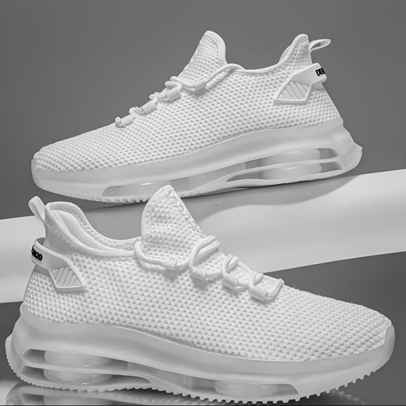 Men's Air Cushion Sneakers, Lightweight Breathable Knit Sports Shoes for Daily Walking, Running and Fitness in White, Black, Red or Khaki