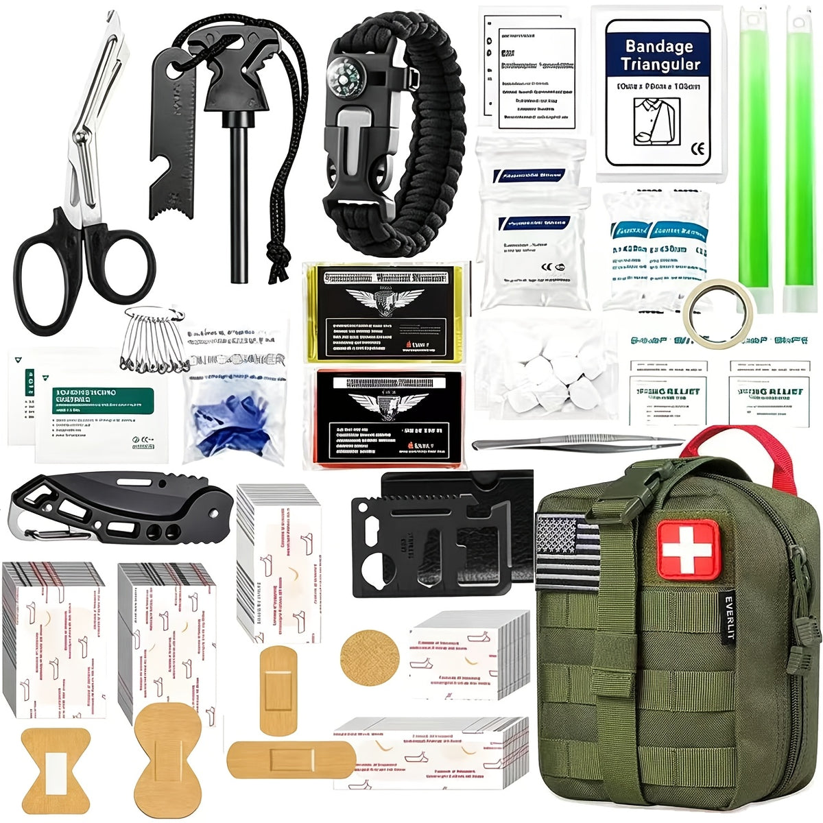 217-Piece Survival Kit with First Aid Supplies and Tools in MOLLE Storage Bag, Emergency Preparedness Set for Home and Outdoor Use