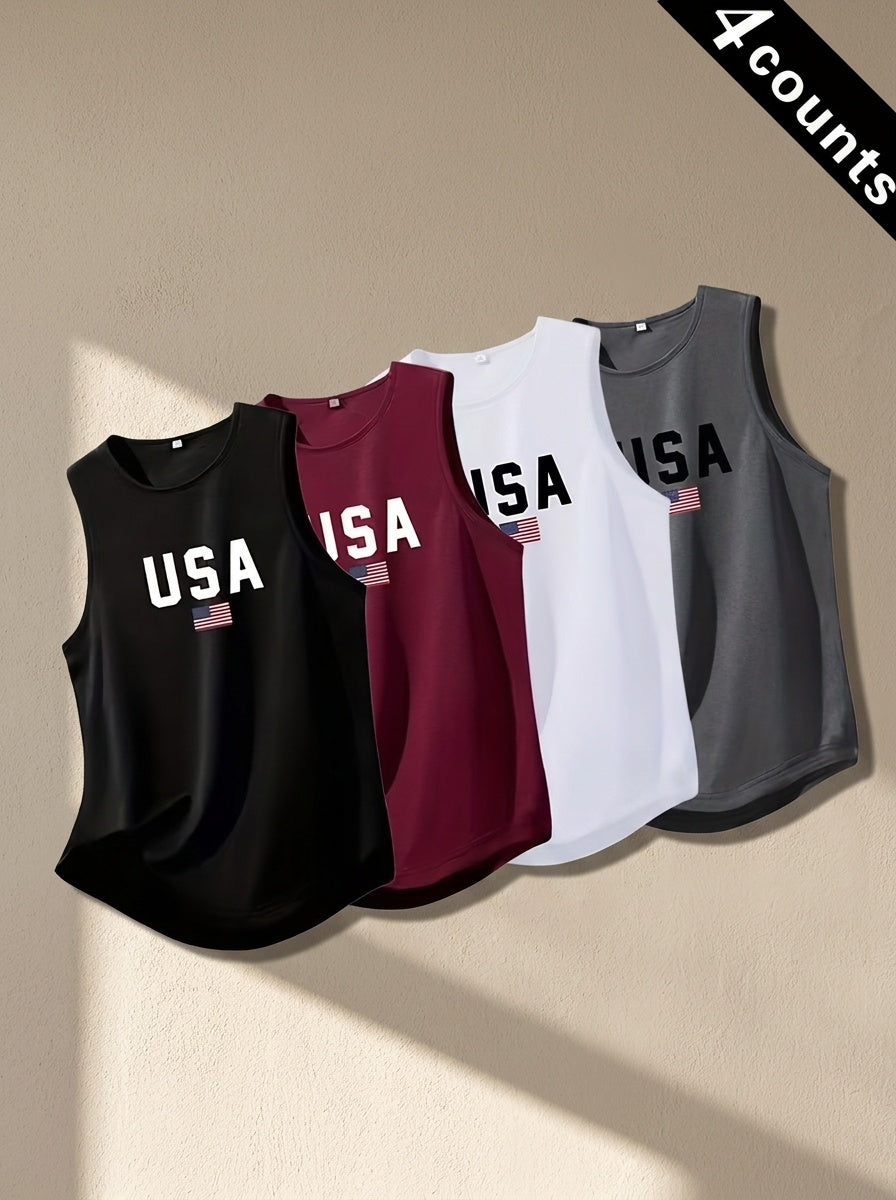 Men's USA Flag Sleeveless Workout Tank Tops, 4-Piece Set