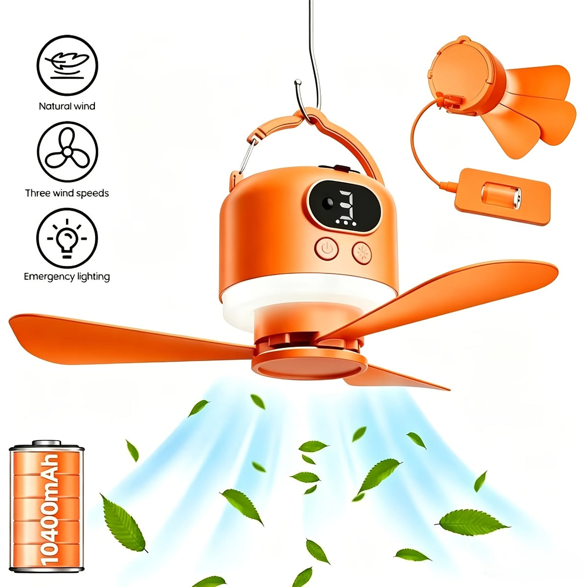 10400mAh Camping Ceiling Fan with Remote Control and LED Light, USB Rechargeable Tent Fan with Detachable Blades and Four Adjustable Speed Settings