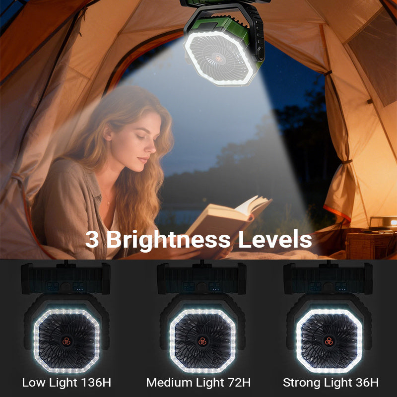 4-Speed Camping Fan with 20000mAh Battery, USB-C Charging and 16 LED Lights, Portable 90-Degree Rotating Tent Fan with Device Charging Outputs