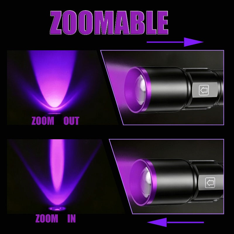 395nm UV Blacklight Flashlight with Adjustable Zoom, USB Rechargeable Aluminum Body and 3 Modes for Fluorescent Stain and Mineral Inspection