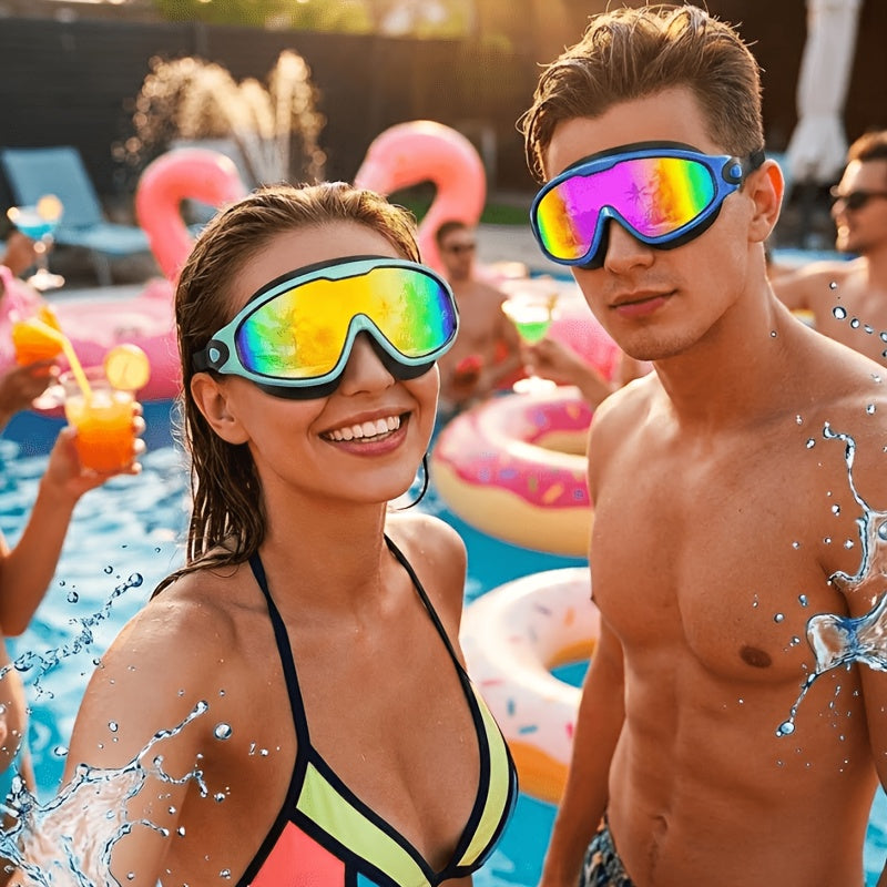 Wide-View Swimming Goggles with Mirrored Lenses, Earplugs, Nose Clip and Phone Pouch, Turquoise Blue or Lake Blue Pool and Outdoor Travel Accessory