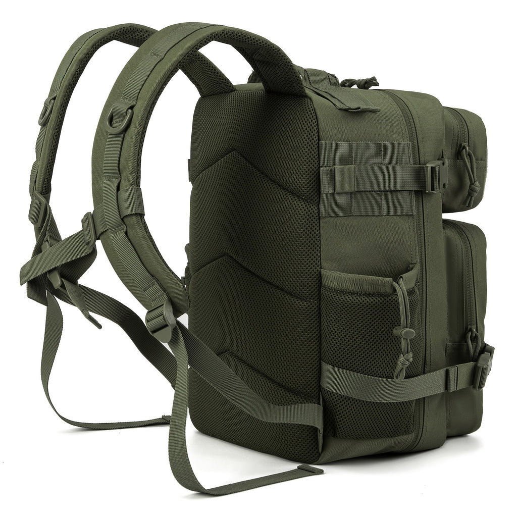 MOLLE Travel Backpack 6.6 Gallon, Tactical-Style Daypack with 180° Flat Opening, Laptop Compartment and Dual Cup Holders for Hiking and Gym Trips