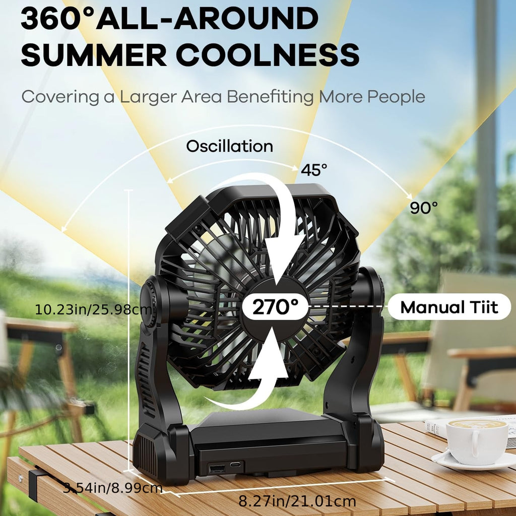 360° Rotating Camping Fan, Rechargeable Tent Fan with USB Output for Campsites, BBQs, Dorm Rooms and Home Use, Portable Orange Cooling Fan