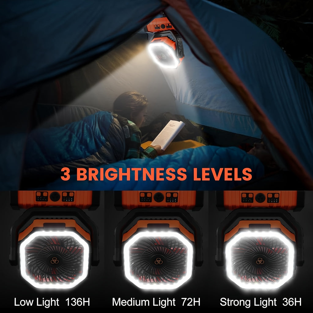 3-Speed Camping Fan Light with 270° Adjustable Head and Hidden Hanging Hook, Portable Tent Airflow and Illumination in Black Orange