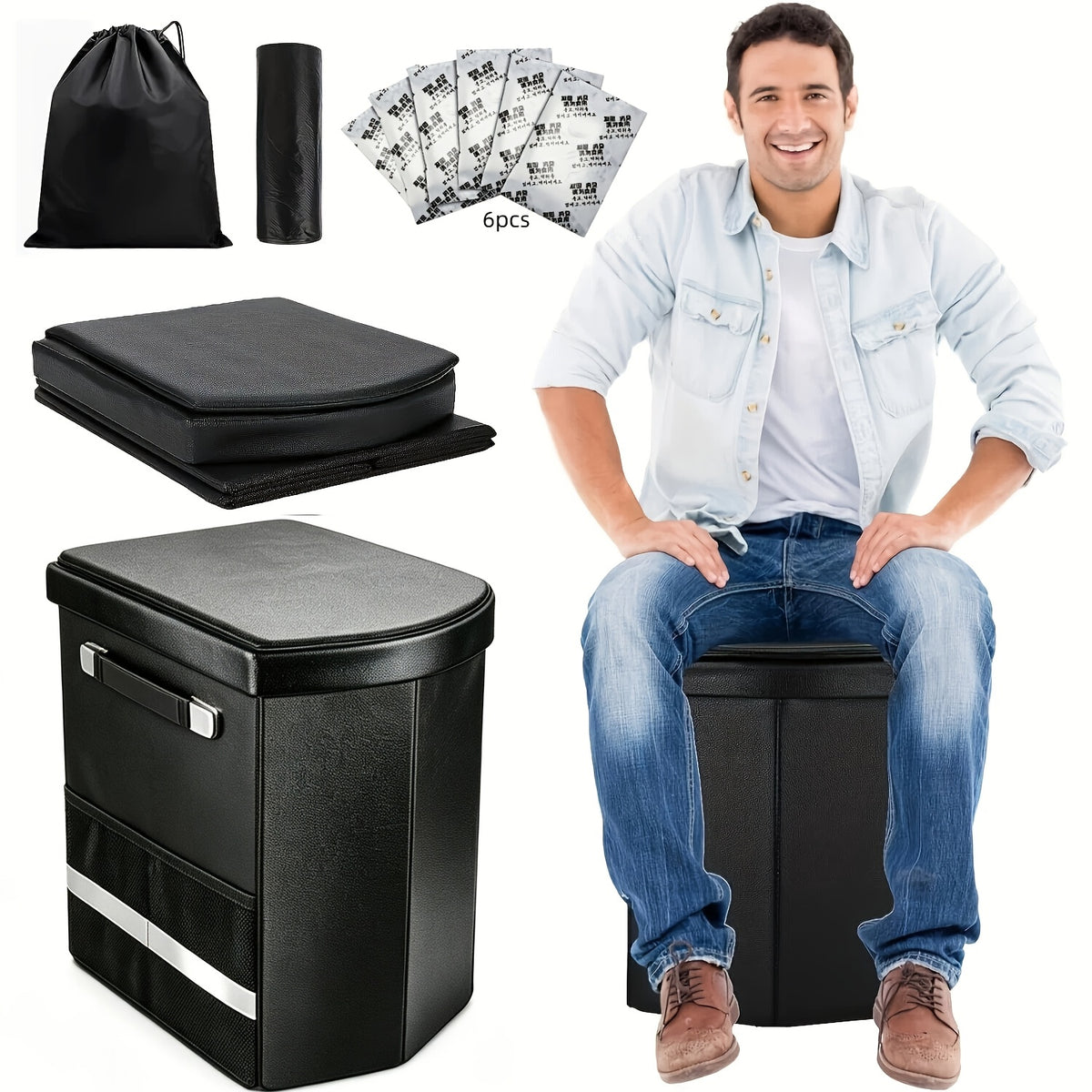 XL Camping Toilet for Adults, 16.5-Inch Tall Portable Potty with Lid and Carry Bag, Black Side Mesh Pocket and Handle for Outdoor Trips