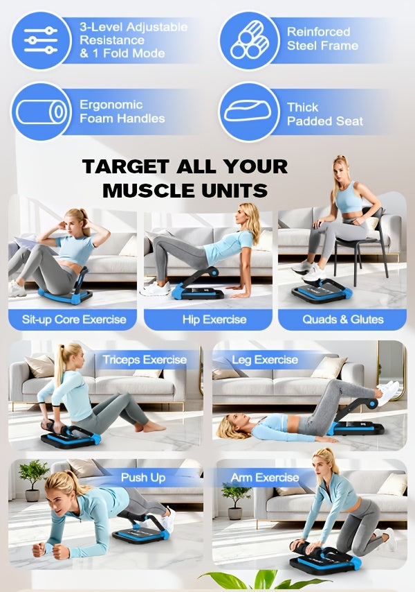 Adjustable Resistance Ab Crunch Machine for Home Gym, Foldable Core Exercise Equipment with Rebound System, Foam Cushion and Steel Frame, Blue or Black
