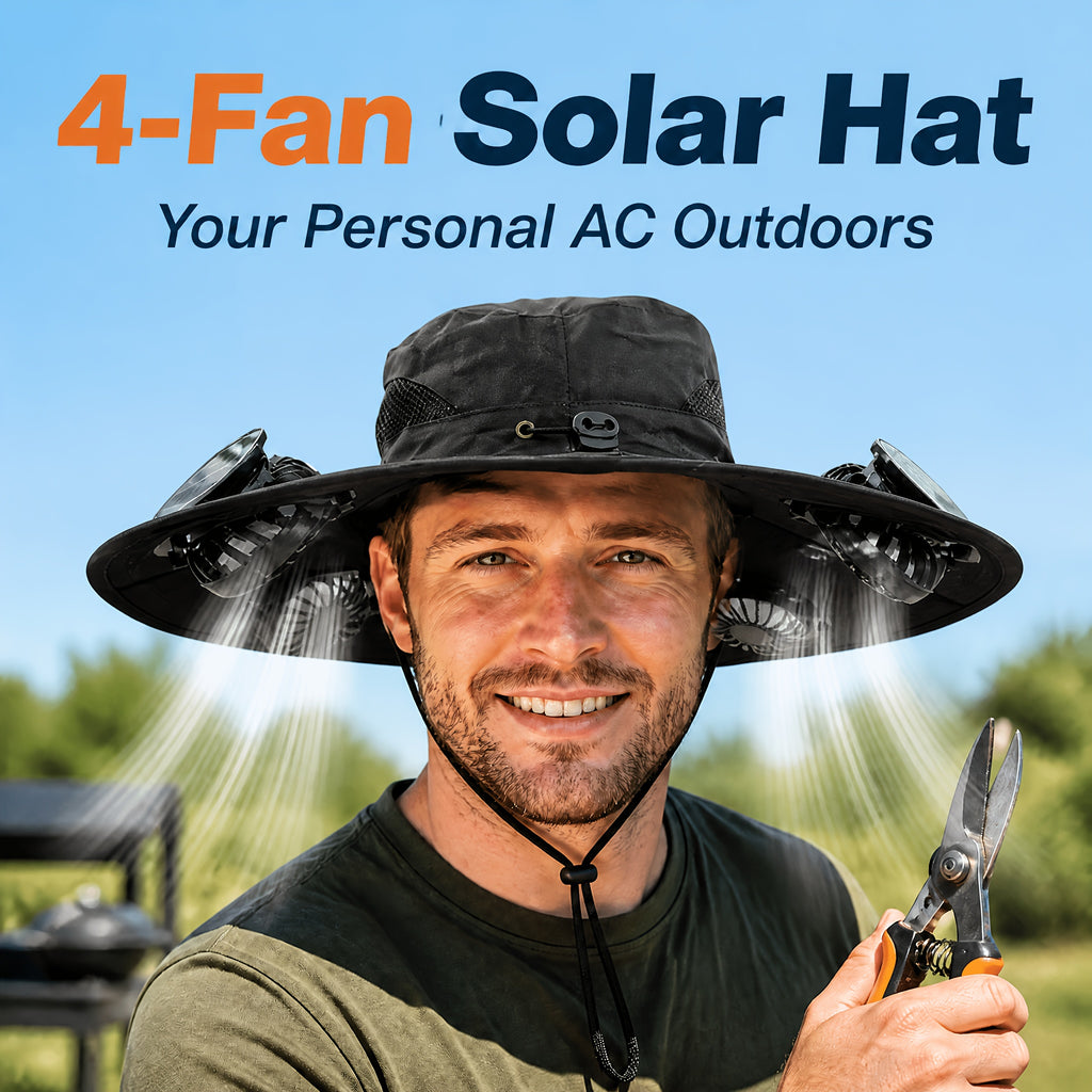 4-Fan Solar Powered Sun Hat with Wide Brim, USB Charging and 3 Adjustable Speeds for Fishing, Hiking and Summer Outdoor Activities