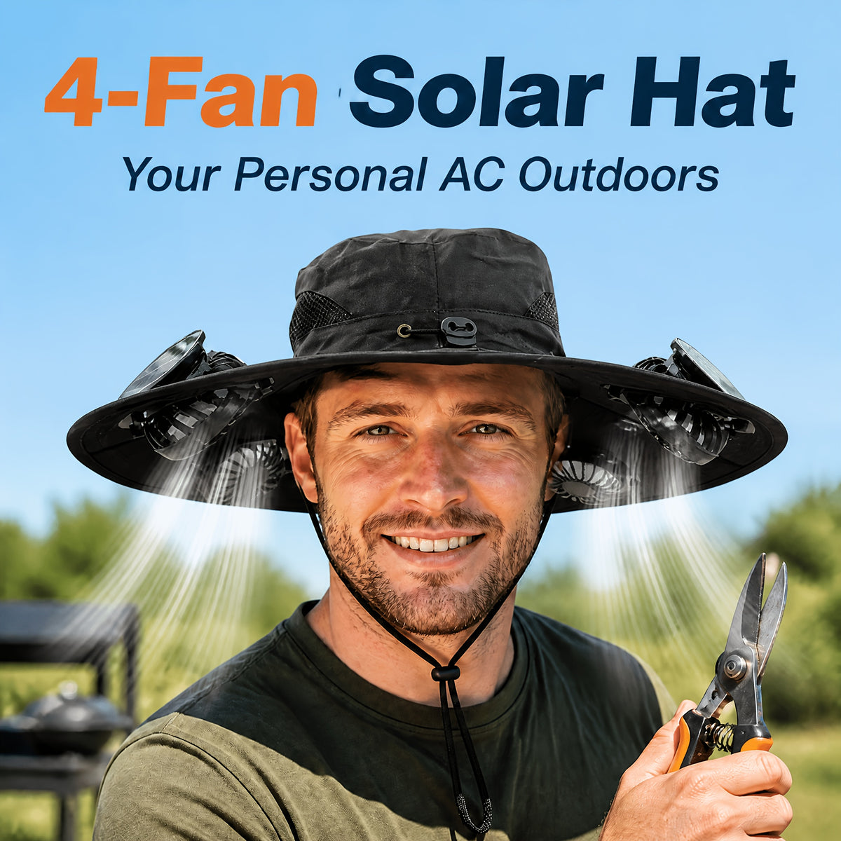 4-Fan Solar Powered Sun Hat with Wide Brim, USB Charging and 3 Adjustable Speeds for Fishing, Hiking and Summer Outdoor Activities