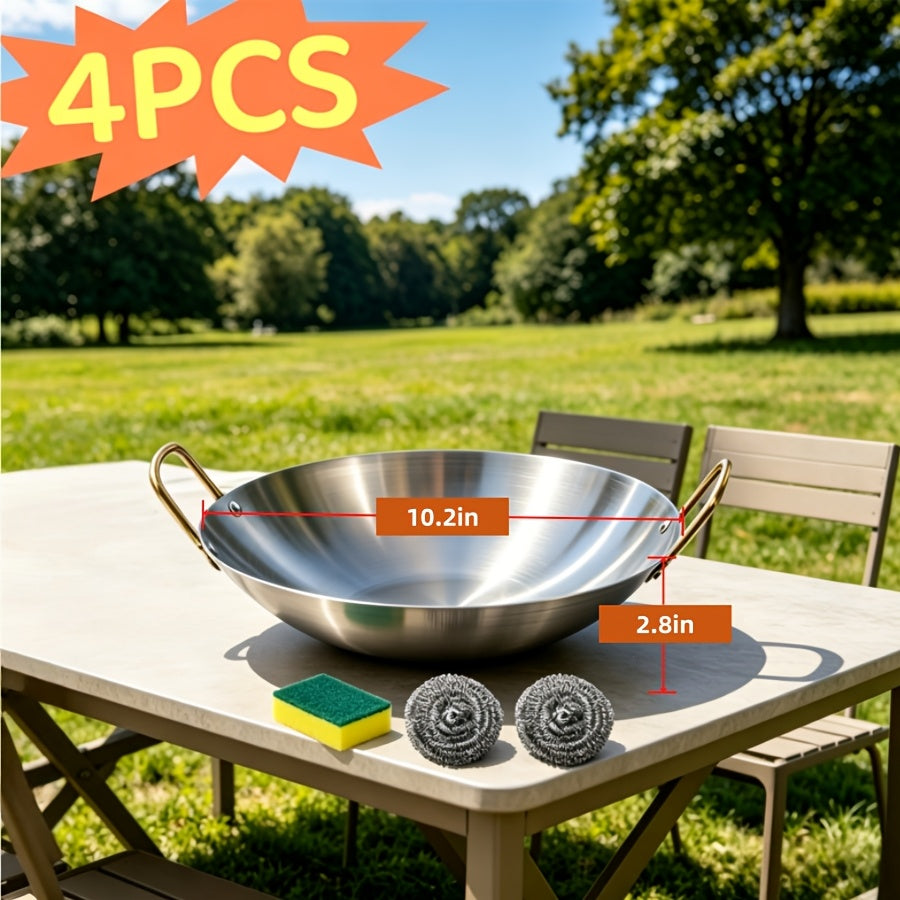 Stainless Steel Stir Fry Wok with Double Handles, Heavy-Duty Cooking Pan for Sautéing, Boiling and Braising at Home or Camping