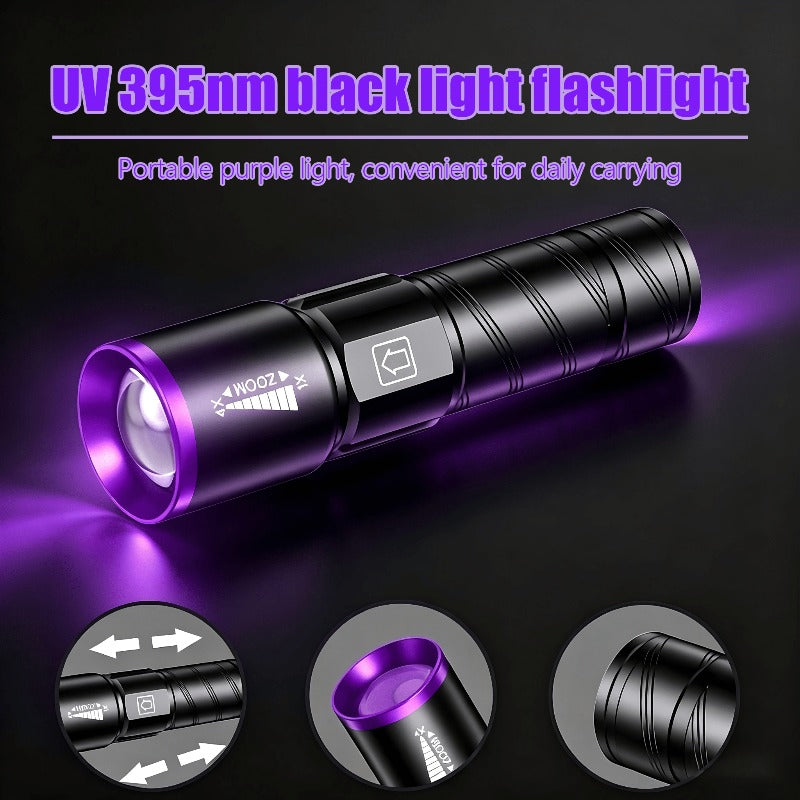 395nm UV Blacklight Flashlight with Adjustable Zoom, USB Rechargeable Aluminum Body and 3 Modes for Fluorescent Stain and Mineral Inspection