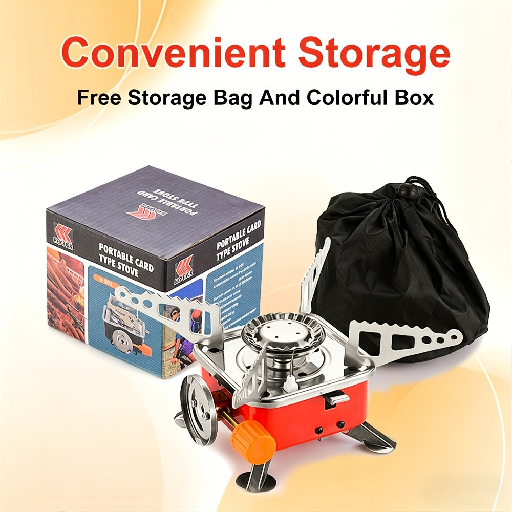 Mini Butane Camping Stove with Folding Supports and Adjustable Flame, Palm-Sized Red Portable Gas Burner for Hiking, Picnics and Outdoor Cooking