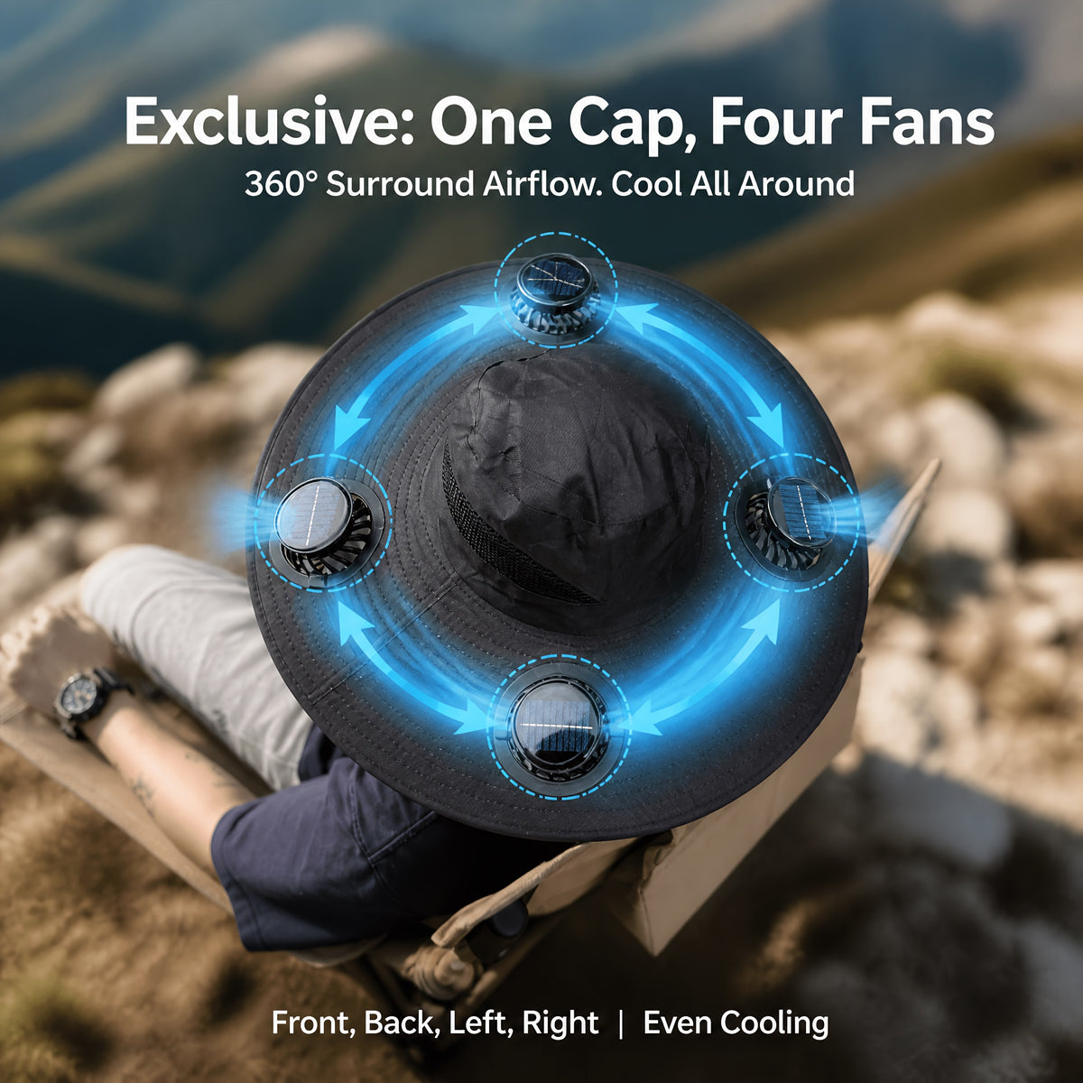 4-Fan Solar Powered Sun Hat with Wide Brim, USB Charging and 3 Adjustable Speeds for Fishing, Hiking and Summer Outdoor Activities